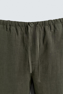 ZARA БРЮКИ СВОБОДНОГО КРОЯ ИЗ 100% ЛЬНА, ТЕМНЫЙ ХАКИ