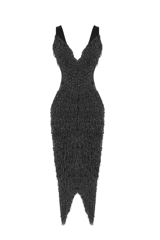 Платье миди из сатина с отделкой из бахромы