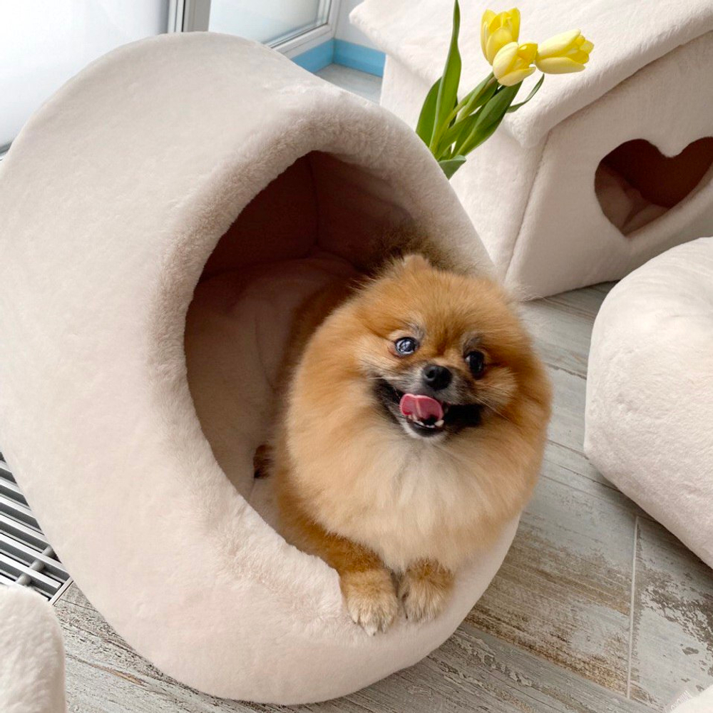 8307 MD Домик-норка для собак малых пород/кошек PREMIUM, кремово-бежевый "Furry MINK House" (М)