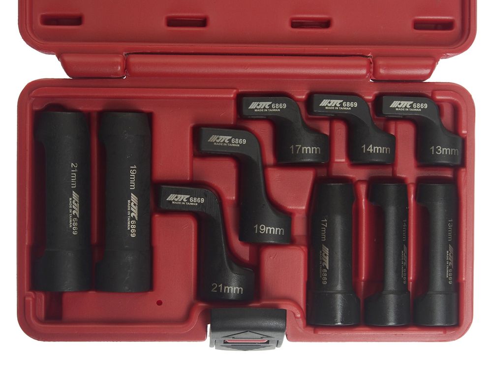 JTC (JTC-6869) Набор головок для кислородных датчиков (3/8"-13,14,17мм; 1/2"-19,21мм) 10 предметов