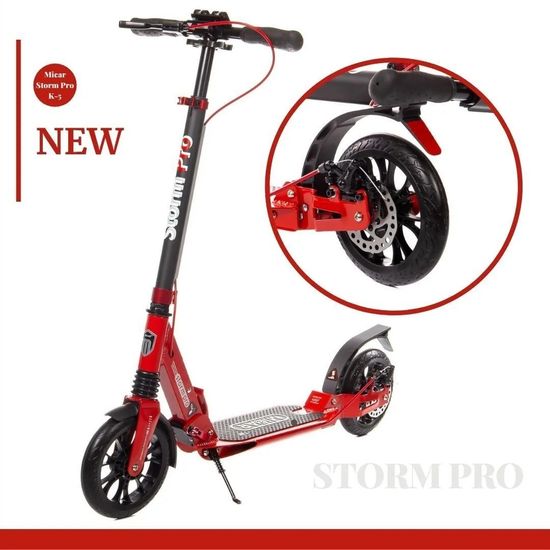 Складной двухколёсный самокат Micar Storm Pro 200 мм с двумя амортизаторами и ручным дисковым тормозом, красный