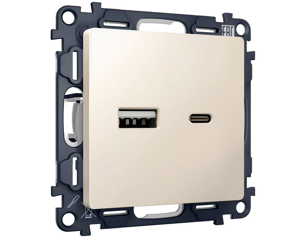 MA331010 Комплект механизма розетки ALFA Бежевый матовый 2USB A+C 20W (быстрая зарядка) QUANT (AP3310, VM177)