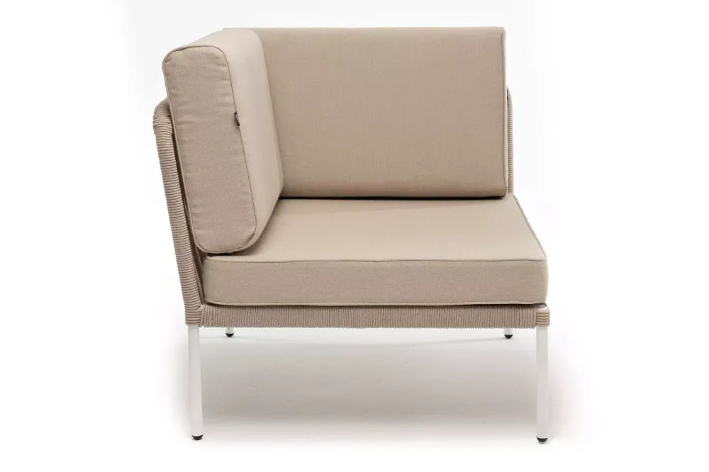 "Канны" угловой модуль плетеный из роупа, каркас алюминий белый муар, роуп бежевый круглый, ткань бежевая 15052