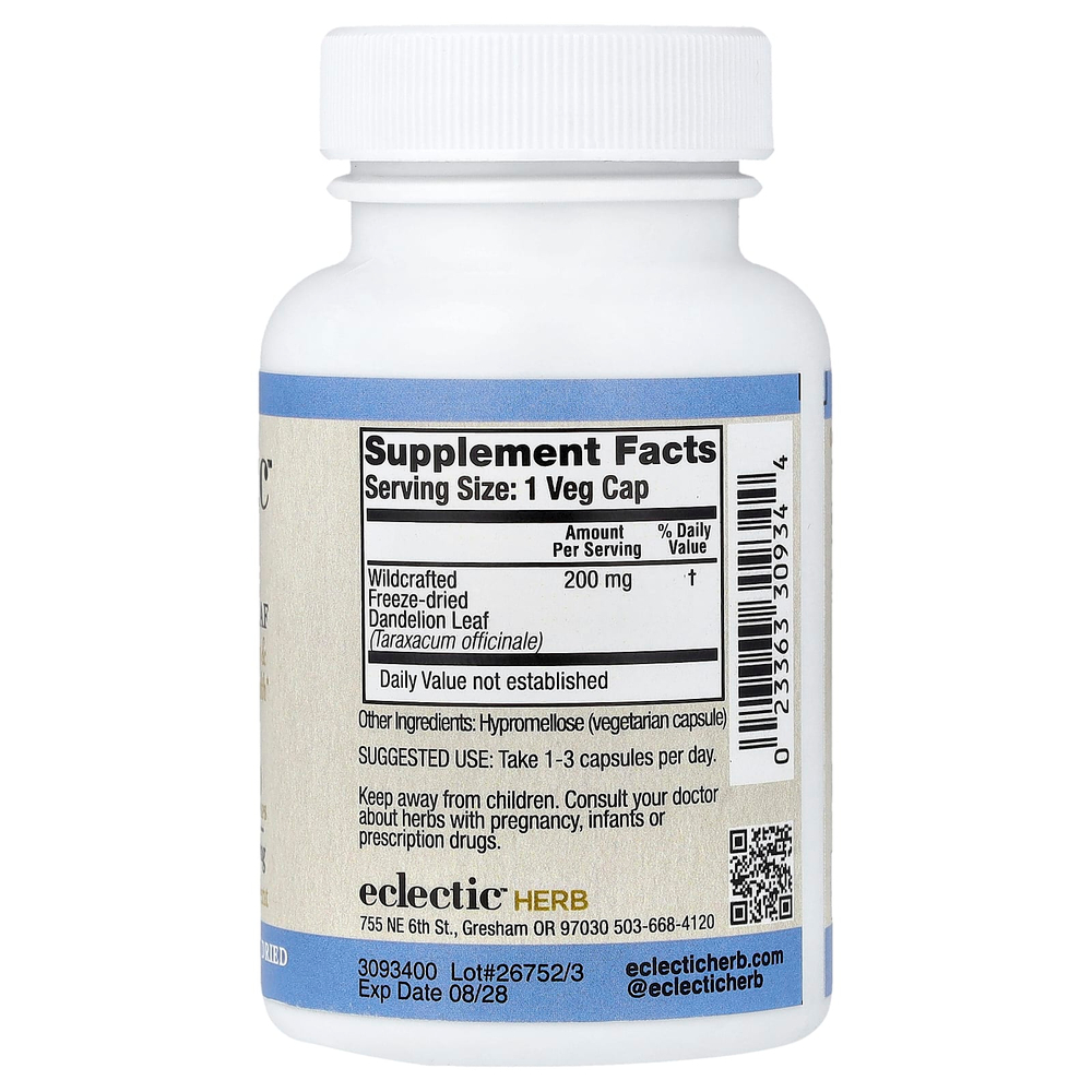 Eclectic Herb, листья одуванчика, 200 мг, 90 капсул VegCaps