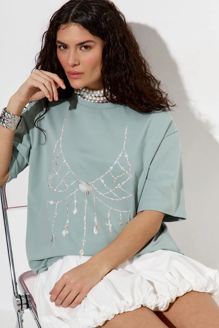 Футболка с принтом "Жемчужный бра" мятного цвета