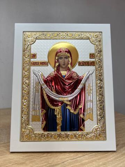 Покрова, икона прямоугольная с рамкой, белое дерево, эмаль 185х235