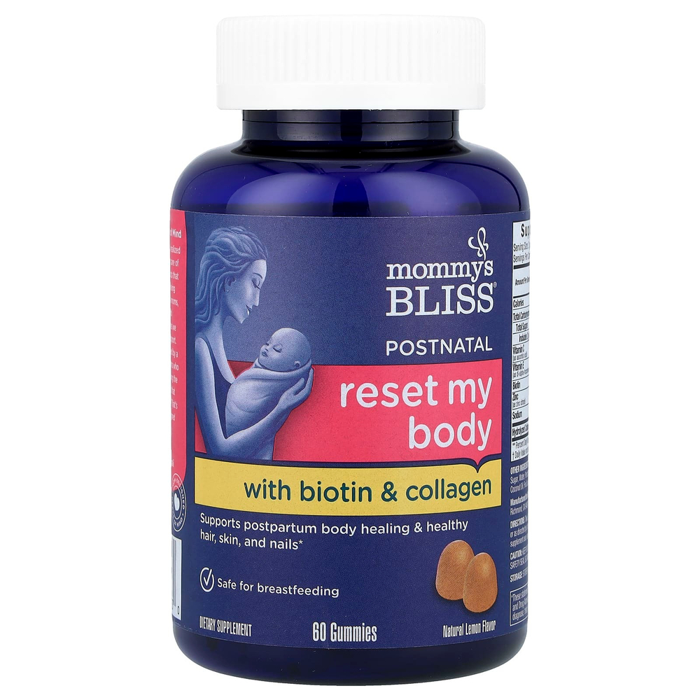 Mommy's Bliss, Postnatal Reset My Body с биотином и коллагеном, натуральный лимон, 60 жевательных таблеток