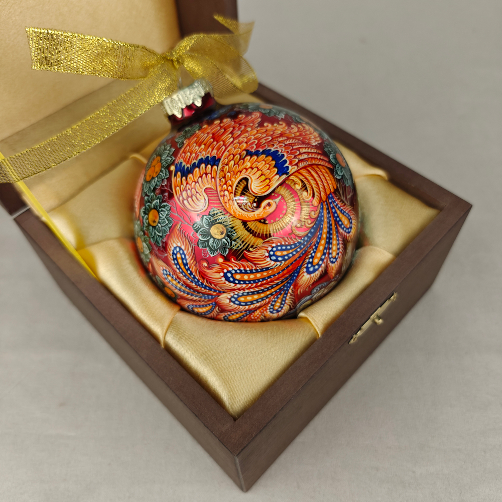 Шар новогодний с круговой росписью Палех "Жар-птица" на красном в футляре