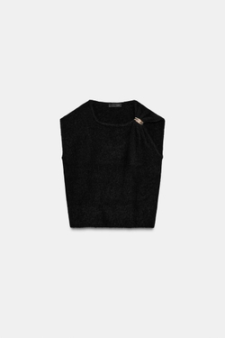 ZARA ТОП С БРОШЬЮ И РУКАВАМИ «КРЫЛЫШКО», ЧЕРНЫЙ