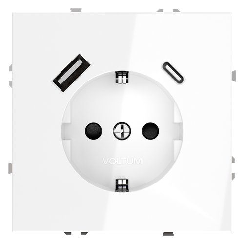 Розетка встраиваемая VOLTUM S70 с заземлением и защитными шторками, 16А, с USB, A+С, (белый глянцевы