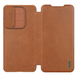 Кожаный чехол книжка коричневого цвета от Nillkin для смартфона Samsung Galaxy S25 Edge, серия Qin Pro Leather с сдвижной защитной шторкой для камеры