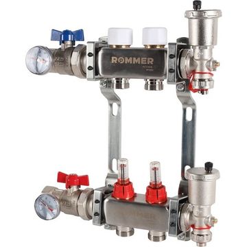 Коллектор Rommer 1"x3/4" на 2 контура с расходомерами в сборе (нерж. сталь) RMS-1210-000002