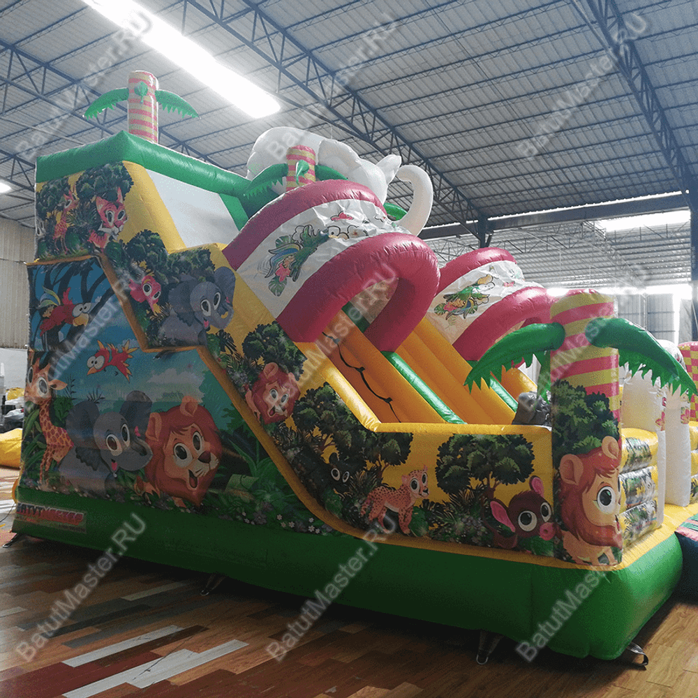 Надувной батут-горка "Слоник в джунглях",с переходом  6*5*5,5 м