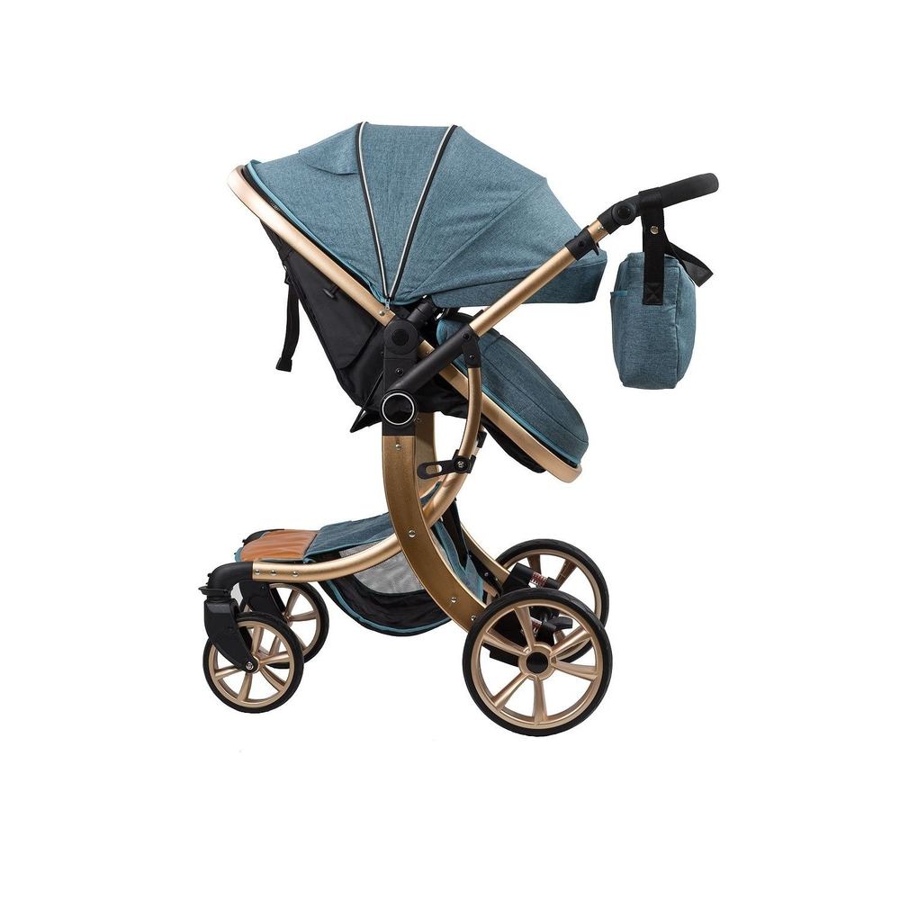 Коляска-трансформер Sweet Kids 608 2в1 Синий текстиль на золотой раме