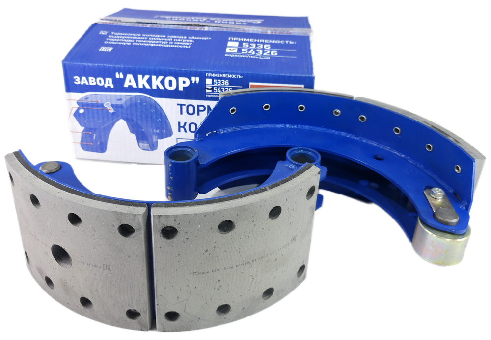 Колодка барабанного тормоза а/м МАЗ 54326, 9919, 93866, 5336, полуприцеп, в сб. под АБС (комплект 2 шт.=54326-3501090 + 54326-3501091 в сборе с роликом/ на колесо/ доп. арт. 9919-3501090/91/ Ширина 160 мм.) АККОР