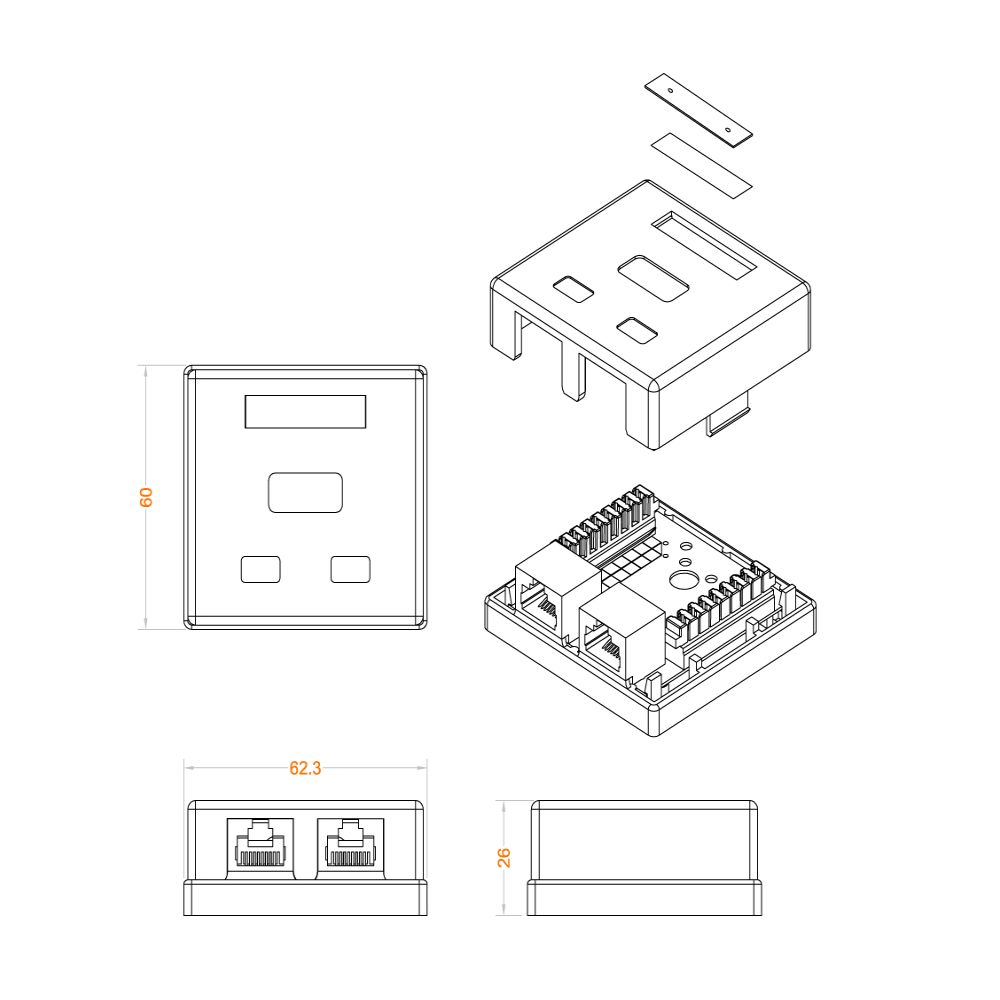 Двойная розетка  экранированная RJ45 Hyperline SB1-2-8P8C-C5e-SH-WH