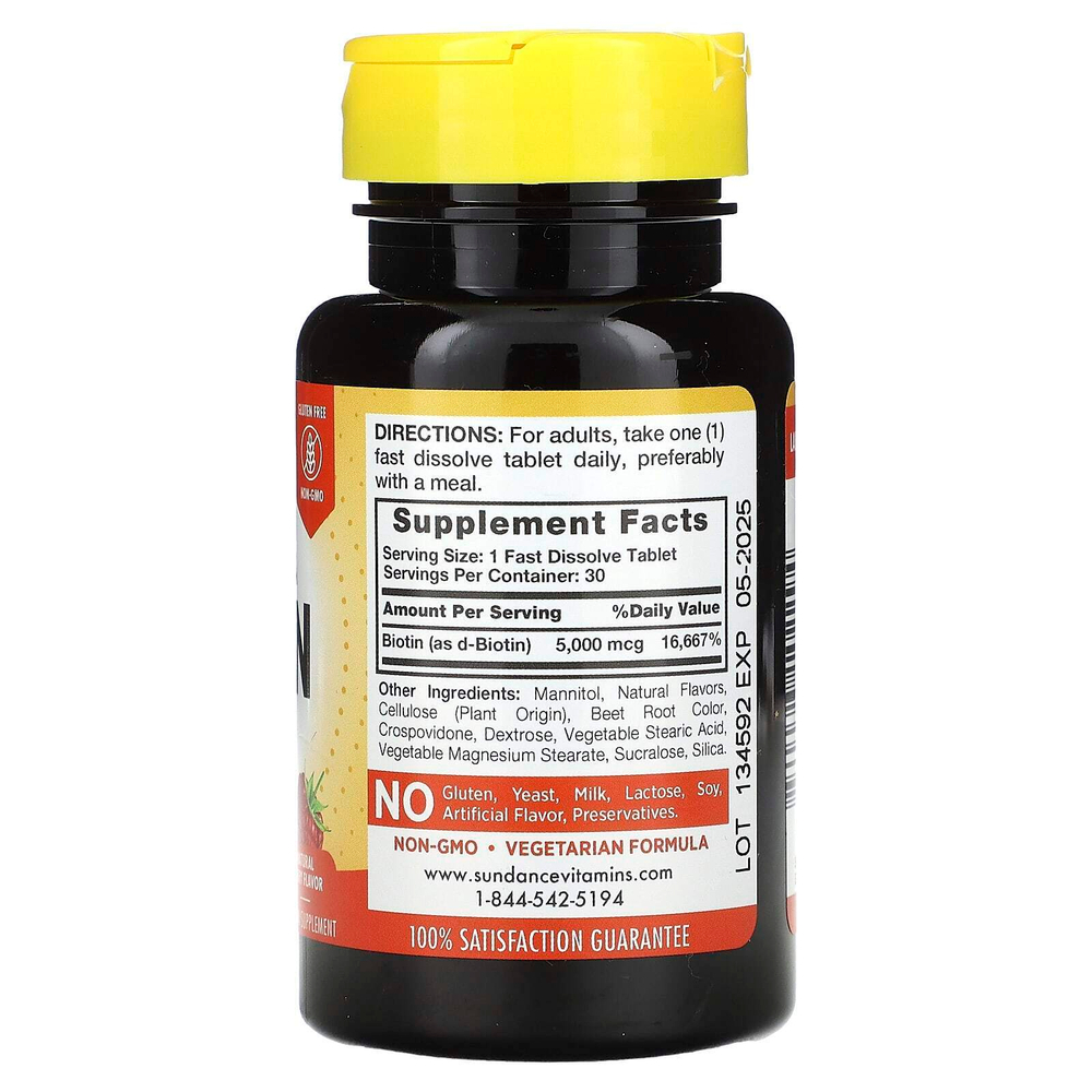 Sundance Vitamins, Fast Dissolve Ultra Biotin, натуральные ягоды, 5000 мкг, 30 быстрорастворимых таблеток