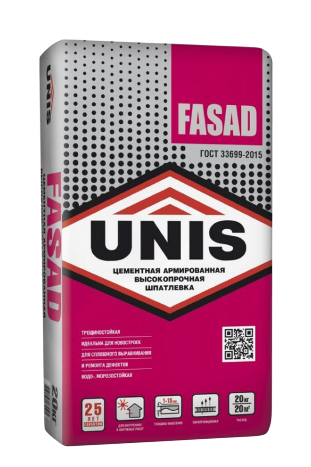 Шпатлевка Unis FASAD цементная высокопрочная белая армированная   20 кг