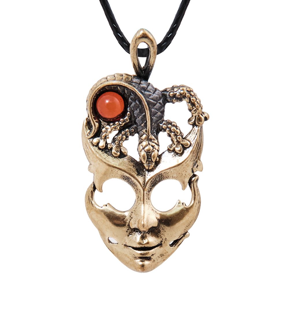 AM-4014 Подвеска «Маска Ящерица» (латунь, янтарь)