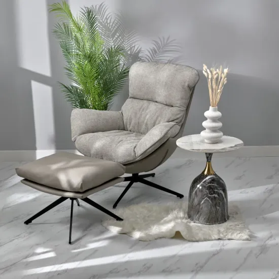 Комплект кресло HUG светло-серый, экокожа, шенилл с оттоманкой светло-серый, экокожа
