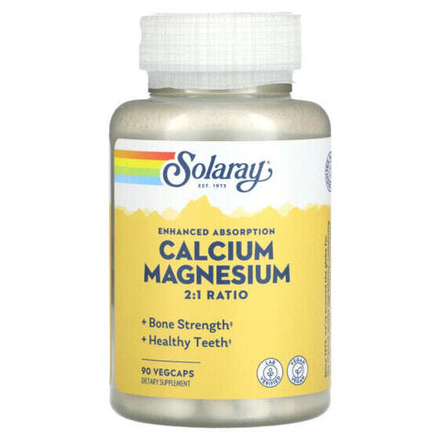 Кальций Solaray, Кальций и магний с улучшенным усвоением, 90 вегетарианских капсул