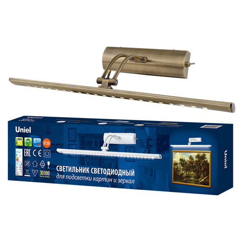 ULT-F34-7W/4000K IP20 ANTIQUE BRASS Светильник светодиодный для подсветки картин и зеркал. 600Lm. Механический выключатель. Античная латунь. ТМ Uniel