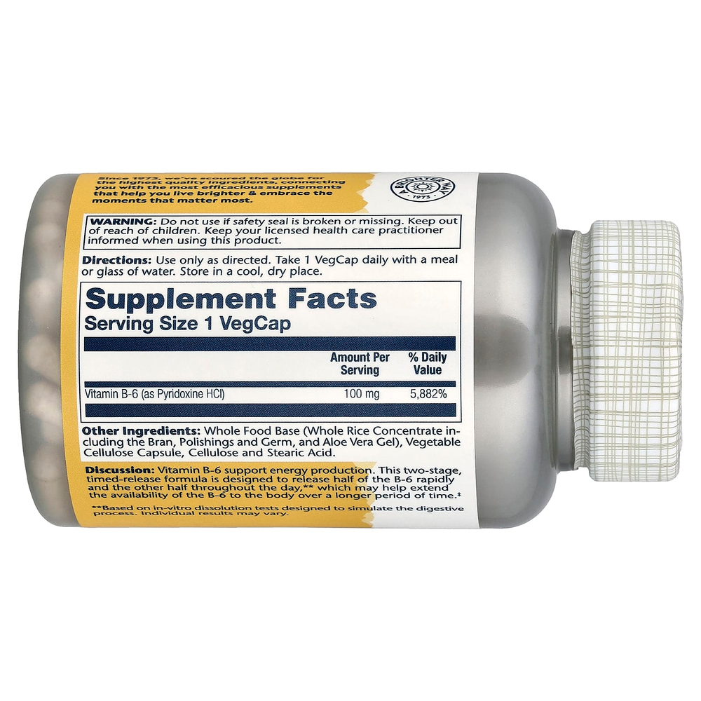 Solaray, витамин B6, с медленным высвобождением, 100 мг, 120 растительных капсул