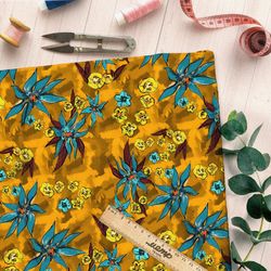 Ткань дюспо синие и горчичные цветы на жёлтом