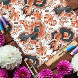 Ткань оксфорд 600 крупные красные рыбы и листья на белом фоне