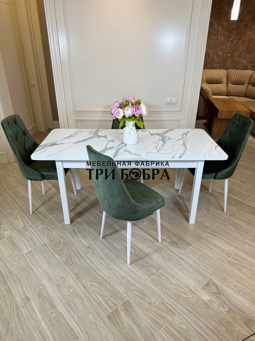 Большой кухонный стол "МАКСИ" Итальянский мрамор и стулья "ЛОНДОН" 4 шт