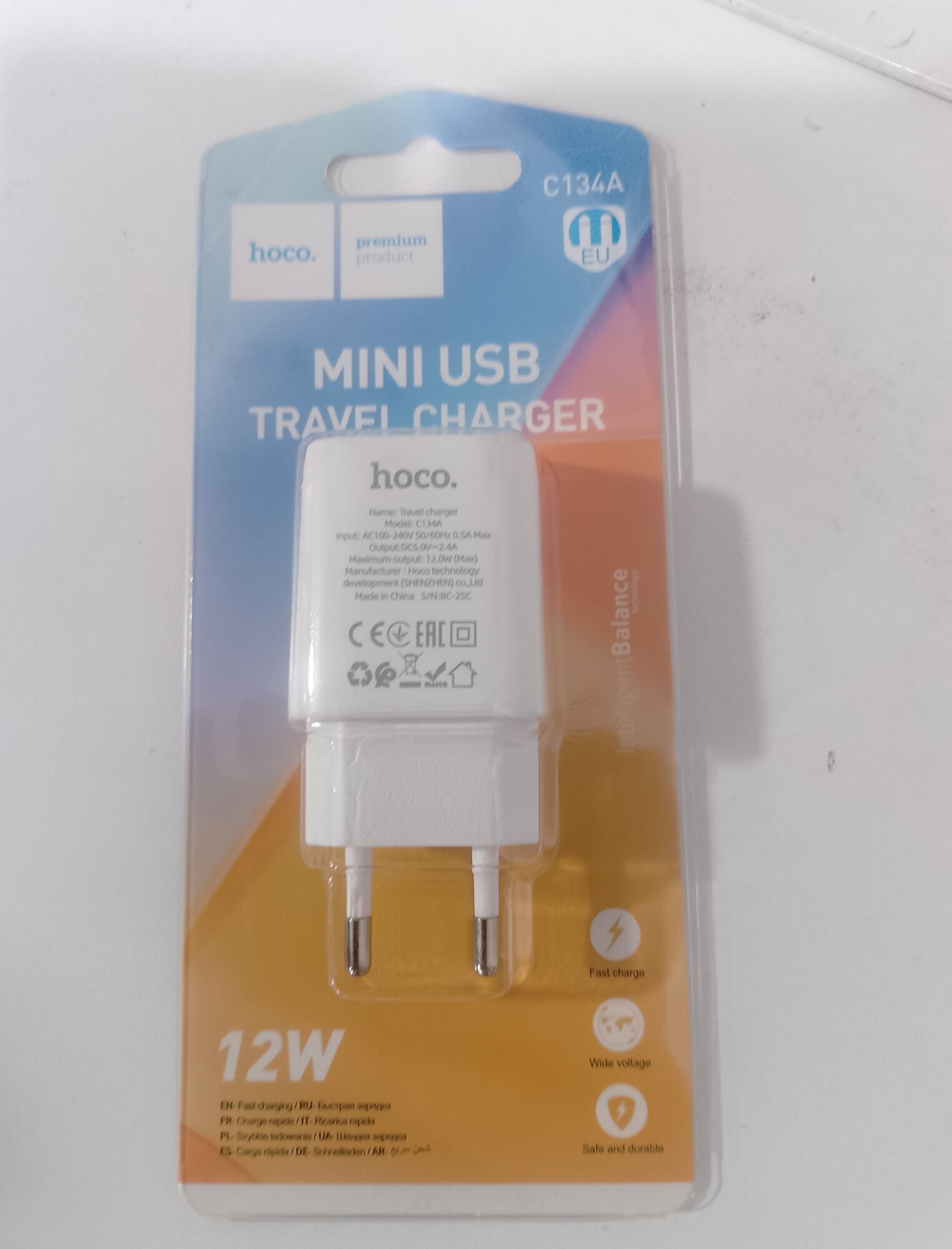 Сетевое зарядное устройство 1 USB HOCO C134A Solid, 3000mA, пластик, 2.4A,, цвет: белый