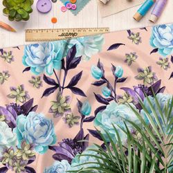 Ткань шифон голубые розы и лепестки