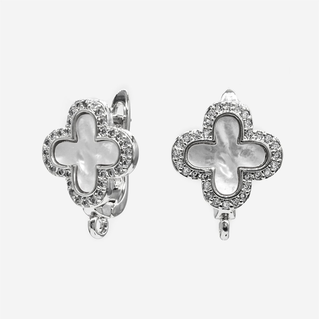 Швензы "Клевер", 18мм, перламутр, фианиты, родирование