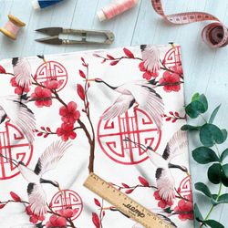 Ткань шифон летящие журавли и цветущая сакура