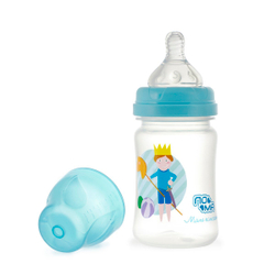 Бутылочка пластиковая с широким горлом с силиконовой соской со средним потоком ПОМА 150 мл. с 4 месяцев, голубой