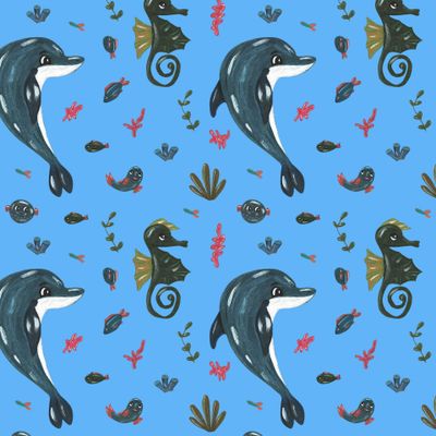 Морской конек и дельфин на голубом фоне