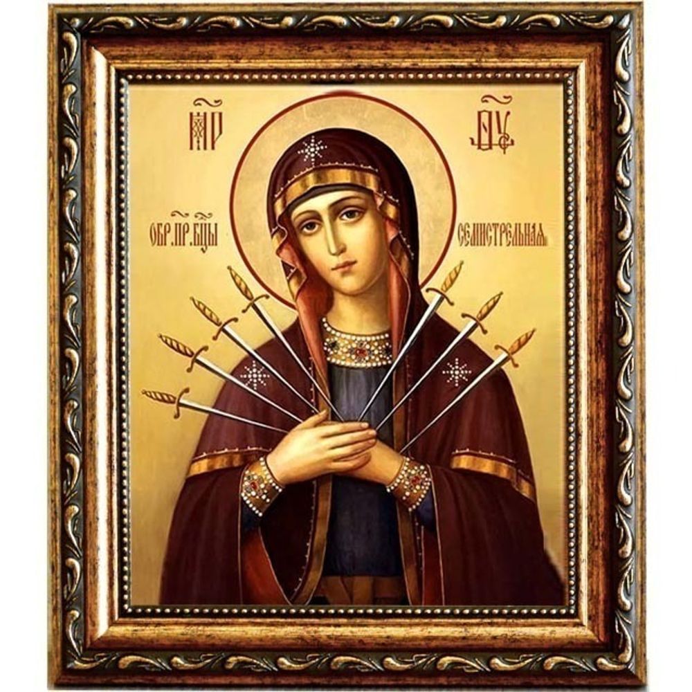 Семистрельная икона Божьей Матери на холсте.