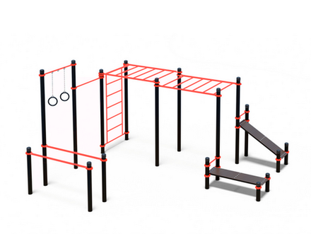 Комплекс из брусьев, турников, шв. стенки, 2 рукохода, 2 лавки для пресса и гимн.колец К-76 (PAW-62)