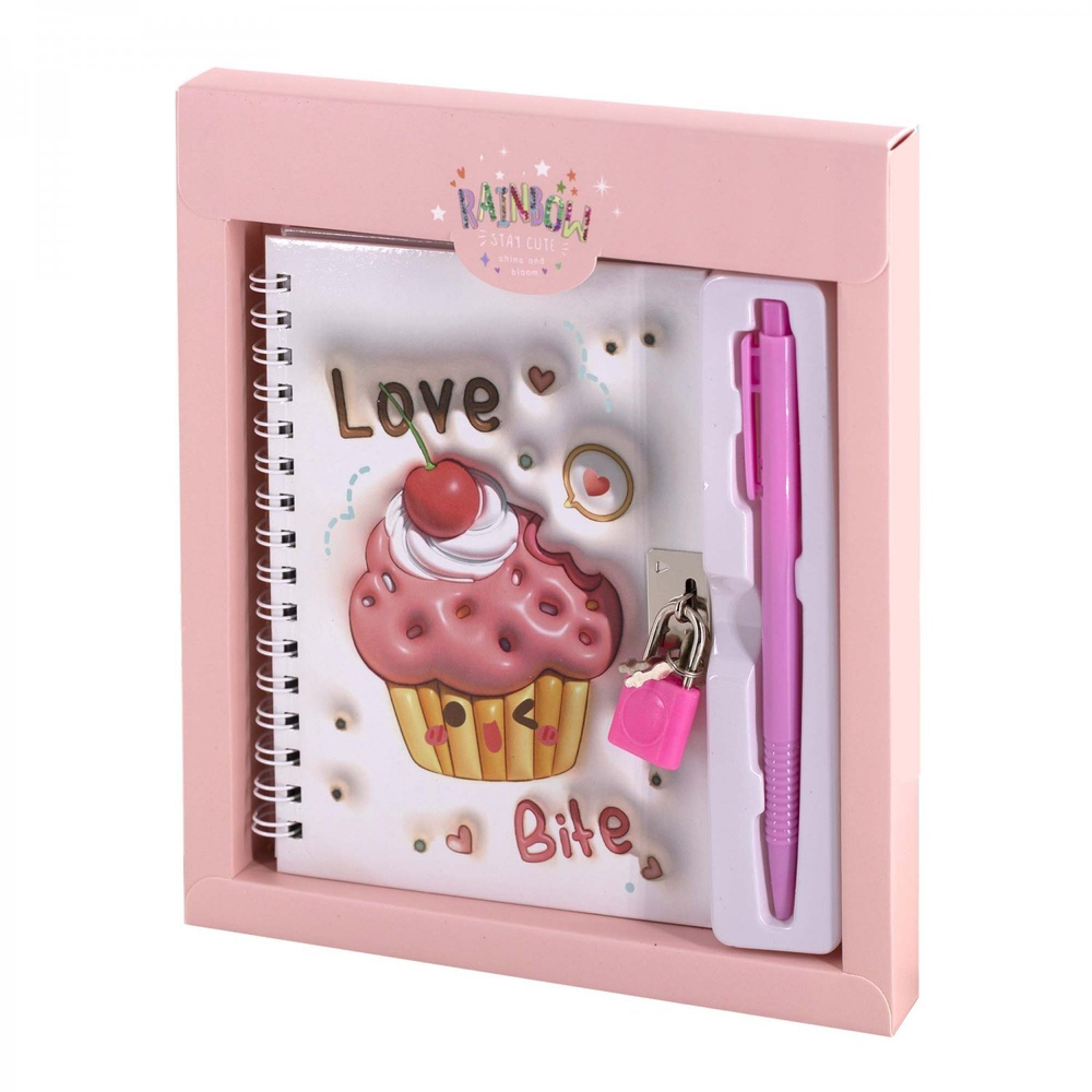 Блокнот в футляре, 17,5 см * 19,5 см, гребень, Alingar, ламин, эффект 3D, ручка, замочек, клетка, 46 л., "Сладости", персиковый