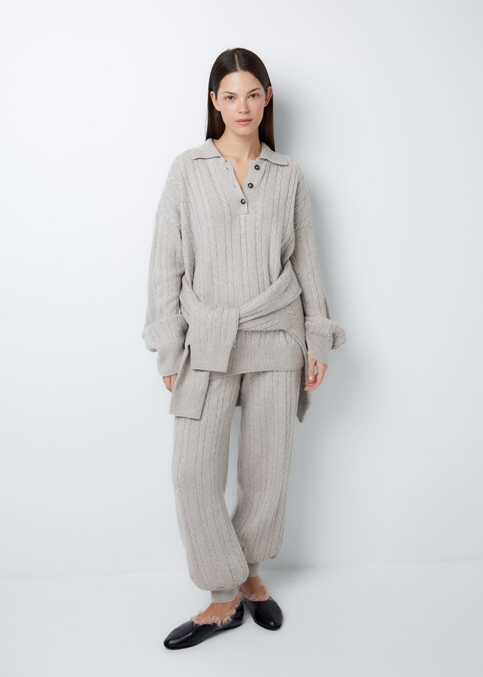 Поло объемного кроя из смесового кашемира серо-бежевый