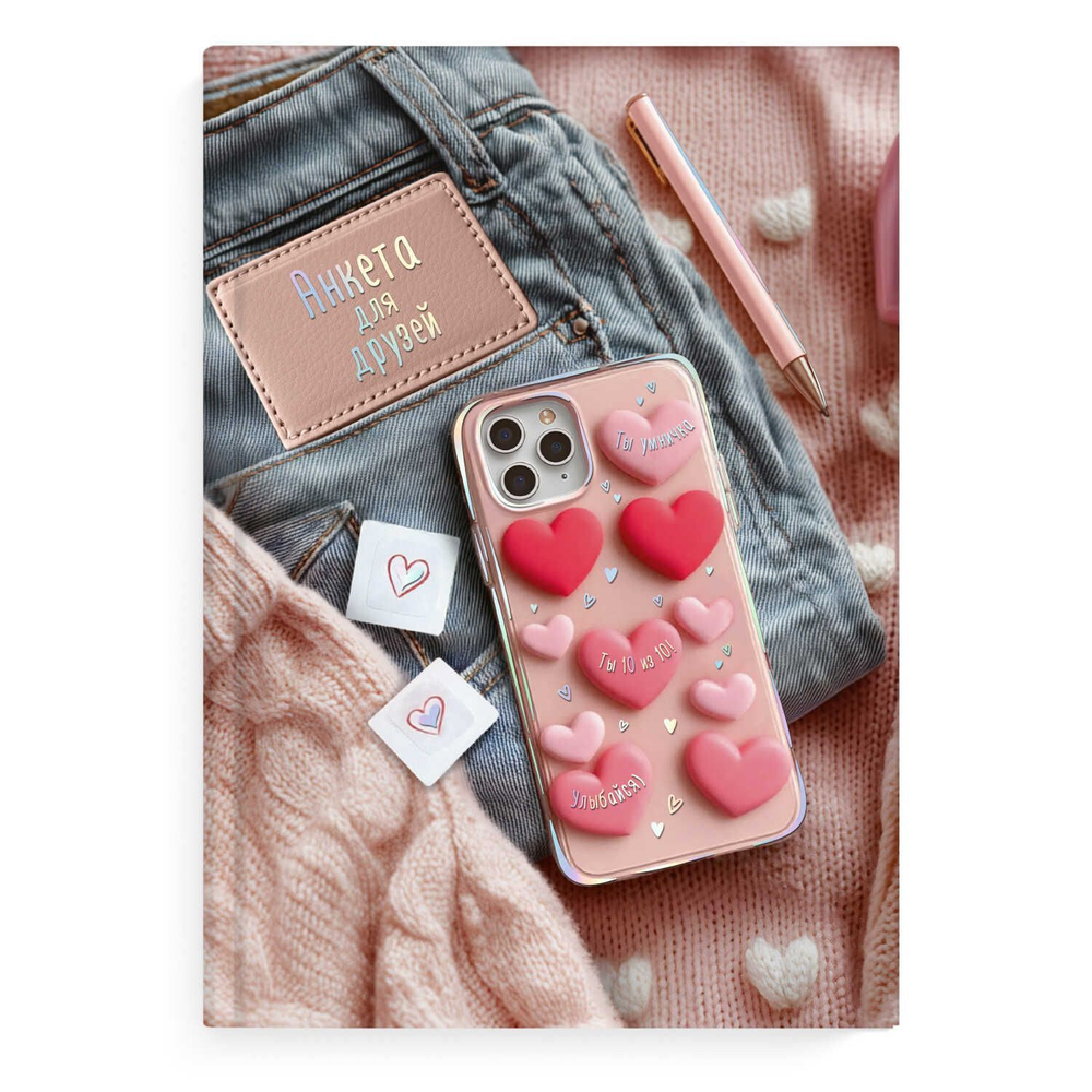Анкета для друзей А5 128л., 7БЦ "Телефон с сердечками" глянц.лам., тисн.фольгой