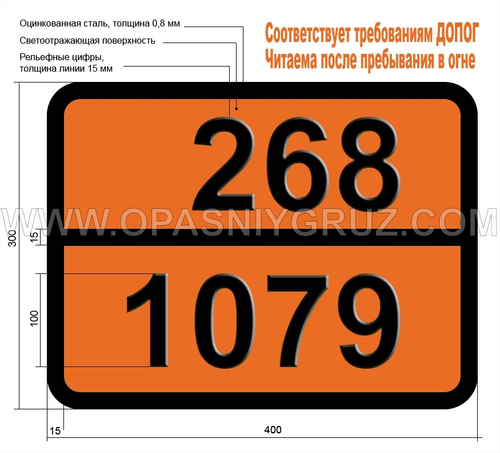 Табличка Опасный груз 268-1079 СЕРЫ ДИОКСИД