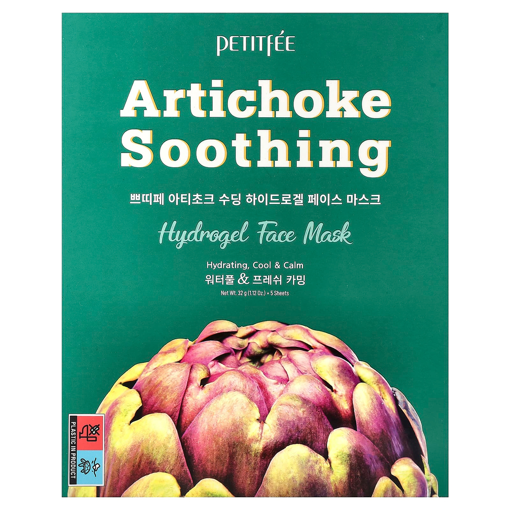 Petitfee, Artichoke Soothing, успокаивающая гидрогелевая маска для лица с артишоком, 5 шт., по 32 г (1,12 унции)