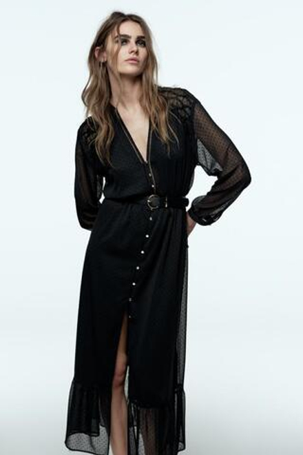 ZARA ПЛАТЬЕ МИДИ С ВЫШИВКОЙ ПЛЮМЕТИ И РЕМНЕМ, ЧЕРНЫЙ