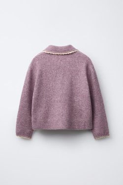 ZARA ВЯЗАНЫЙ КАРДИГАН С КРУЖЕВНОЙ ОТДЕЛКОЙ, ЦВЕТ МАЛЬВЫ