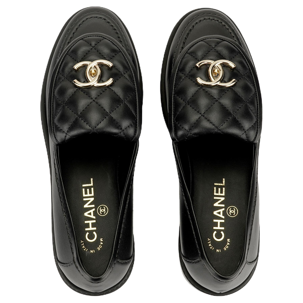 CHANEL Quilted Tab Loafers Black Leather