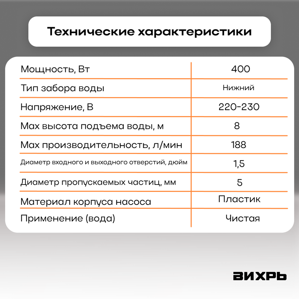 Насосная станция дренажный насос для чистой воды ВИХРЬ ДН-400 (400 Вт)