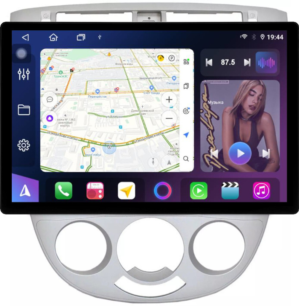 Магнитола для Chevrolet Lacetti седан/универсал, Daewoo Gentra (кондиционер, рамка серебро) - FarCar BX877 монитор 13" 2K QLED на Android 13, TS10, 6+128, CarPlay, 4G SIM-слот