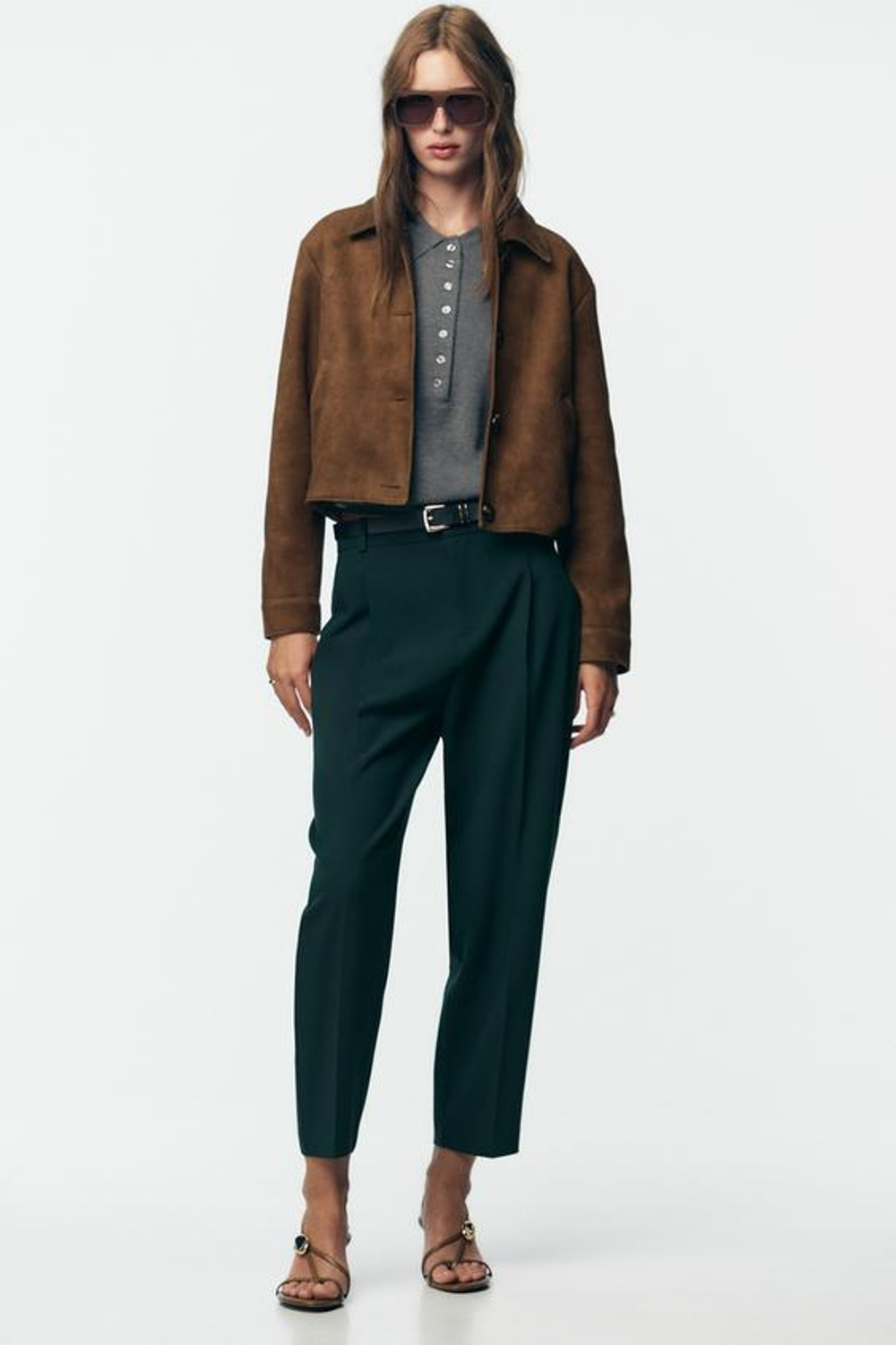 ZARA БРЮКИ С ЗАЩИПАМИ И РЕМНЕМ, СИНЕ-ЗЕЛЕНЫЙ