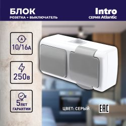 Блок розетка с выключателем Intro Atlantic 5-701-03 одноклавишным 2P+E, 10А-250В, открытой установки, IP54, серый